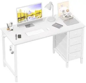 White Computer Desk with Fabric Drawers, 47 Inch Study Work Writing Desk for Home Office Bedroom, Simple Modern Cute PC Desks with Drawer, White
