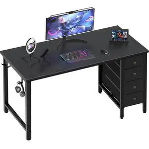 Gaming Desk with Fabric Drawers - 55 Inch Long Study Work Writing Computer Desk for Home Office Bedroom, Simple Modern Cute PC Desks with Drawer, Black