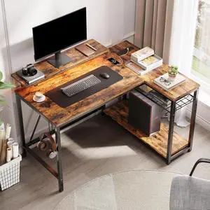 42" L Shaped Computer Desk with Power Outlets, Home Office Desk with LED Lights & Monitor Stand, Reversible Shelves, Corner Desk for Small Spaces, Bedrooms, Rustic