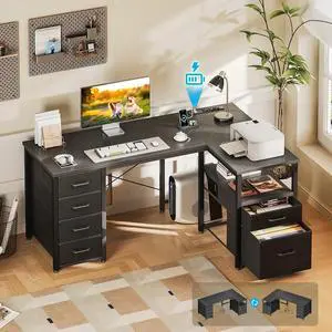 55 inch Computer Desk with 5 Drawers and File Cabinet for Storage, Office Desk with Storage Shelf & Power Outlets, Home Office Desks, Black