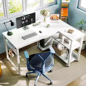 40 Inch L Shaped Computer Desk with 3 Storage Shelves, Small Reversible Corner Desk for Small Space with Hock, Home Office L-Shaped Desk, White