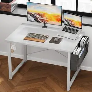 Computer Writing Desk 40 inch, Sturdy Home Office Table, Work Desk with a Storage Bag and Headphone Hook, Pure White