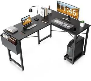 L Shaped Computer Desk with Wooden Desktop CPU Stand Side Bag Reversible, Black