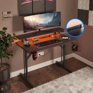 31 inch Gaming Desk with Monitor Stand, T- Shaped Carbon Fiber Surface Computer Desk with Double Headphone Hooks, USB Gaming Rack & Cup Holder, Black