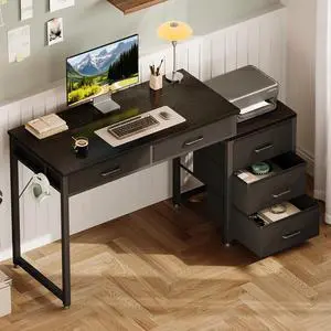 Computer Desk with 5 Drawers, Reversible Home Office Desks with Printer Stand, Study Writing Table Workstation for Small Spaces, Black