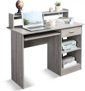 Gaming Desk with Keybroad Tray&Drawers, Computer Desk with Desktop Storage Rack& Adjustable Shelf Cabinet for Home Office, Gray