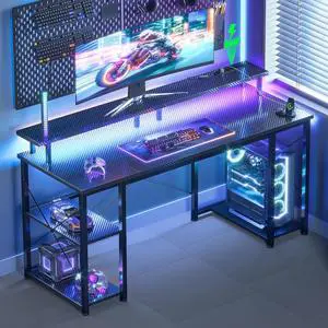 48 inch Gaming Desk with LED Lights & Power Outlets, Computer Desk with Monitor Stand & Storage Sheves, CPU Stand, Home Office Desk, Black