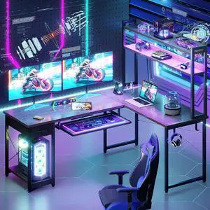 59" Reversible L-Shaped Gaming Desk with Power Outlets & LED Lights, Office Desk with Storage Drawer & Keyboard Tray for Home Office, Corner Computer Desk with Hutch, Grey Oak