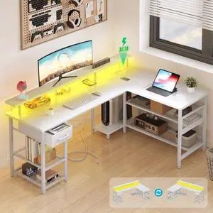 Reversible 59 inch L Shaped Computer Desk with LED Lights & Power Outlet, Gaming Table with Monitor Stand & Storage Drawer, Corner Desk with Storage Shelves, Pure White