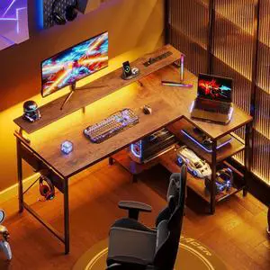 48 inch Reversible L Shaped Gaming Desk with LED Lights & Power Outlet, Corner Computer Desk with Storage Shelves & CPU Stand, Home Office Desk with Monitor Shelf, Modern Writing Table, Vintage