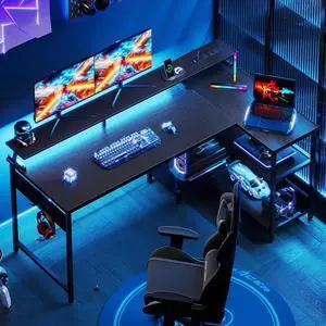 58 inch Reversible L Shaped Gaming Desk with LED Lights & Power Outlet, Corner Computer Desk with Storage Shelves & CPU Stand, Home Office Desk with Monitor Shelf, Modern Writing Table, Black