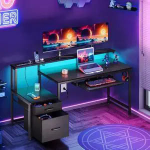 55-Inch Computer Desk with Power Outlets & LED Light, Reversible Gaming Desk with Fabric Drawer and Keyboard Tray, Table with Monitor Stand, Black