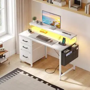 40 inch Computer Desk with Power Outlets & LED Lights, Home Office Desk with 3 Drawers & Adjustable Monitor Shelf, Writing Desk with Storage Bag, White