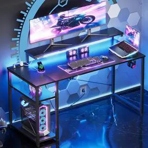 47-Inch Gaming Desk with LED Light & Power Outlets, Home Office Desk with Storage Shelf, Computer Desk with Monitor Stand, Black