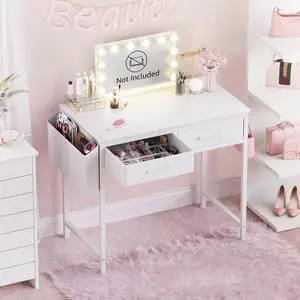 White Small Desk with Fabric Drawers - 32 Inch Vanity Desk with Storage Drawer and Bag for Bedroom, Study Writing Table for Small Spaces, White