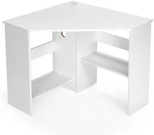 Corner Computer Desk with 2 Cable Management Holes & CPU Stand White