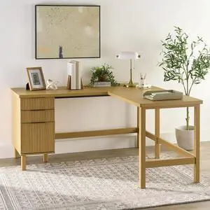 Lillian Fluted L-Shape Desk, Natural Pine Finish