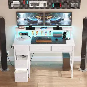 39" Gaming Computer Desk with LED Lights & Outlets,Home Office Table with Storage Drawer, White