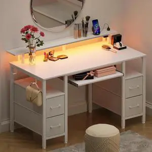 47 inch Gaming Desk with LED Lights, I-Shaped Computer Desk with Storage Drawers, Outlets and Monitor Stand,Home Office Desk, Cream White
