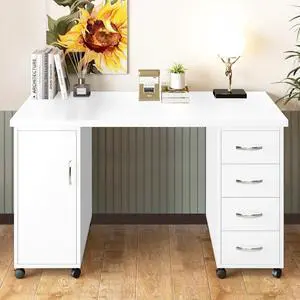 White Computer Desk, Writing Desk with Lockable Wheels,Modern Wood Study Desk with 4 Drawers for Home Office Workstation