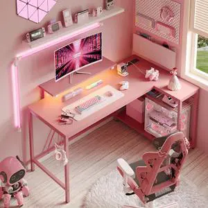 52" Pink Gaming Desk with LED Lights L Shaped Desk with Power Outlet & Monitor Stand Corner Computer Desk