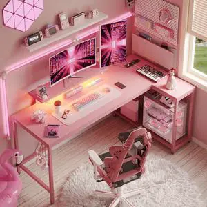 58" Computer Desk with LED Lights L Shaped Corner Desk with Power Outlet & Monitor Stand for Bedroom in Pink