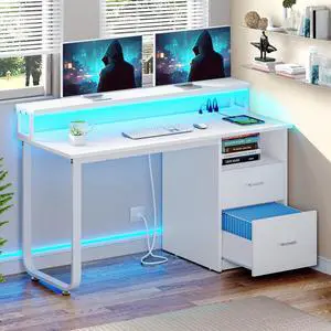 47" Computer Desk with Storage Drawers & LED Light, Office Desk with Monitor Stand & Power Outlets, Work Study PC Desk for Small Spaces, Home Office, White