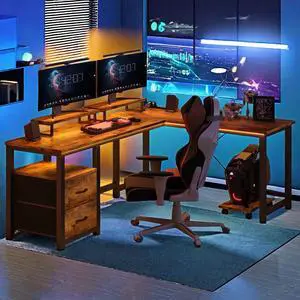 L Shaped Computer Gaming Desk with Power Outlets and USB Charging Ports for Home Office, Retro Brown
