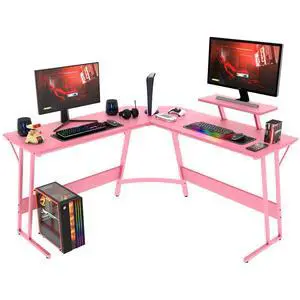 L Shaped Desk Corner Gaming Desk Computer Desk with Large Desktop Studying and Working and Gaming for Home and Work Place, Pink