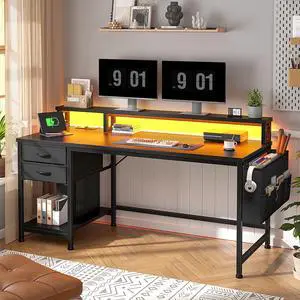 48" Computer Desk with Drawers, Desk with Power Outlet, Writing Desk with Monitor Stand for Home Office, Black