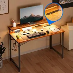 48 inch Computer Desk with Monitor Stand, Home Office Desk with Charging Station & LED Light, Simple Modern Style Laptop Desk for Small Space, Vintage