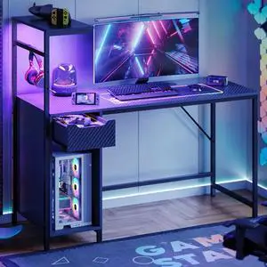 48" Computer LED Gaming PC Desk Adjustable Shelf Home Office Table with Storage Drawer, Black