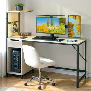 Computer Gaming Desk Adjustable Shelf with LED Lights, Light Gray