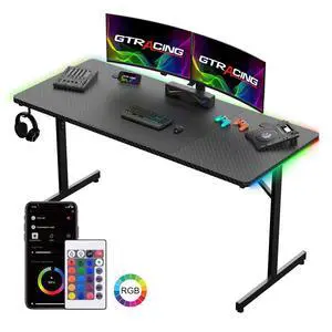 55" Large RGB Sturdy Gaming Desk with Mouse Pad T-Shaped Office Chair Computer Desk Spacious Work Surface Table, Black