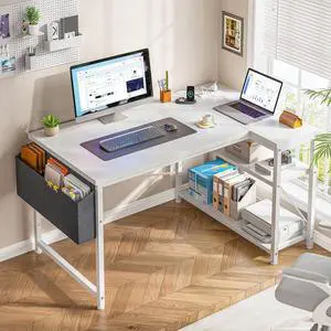 Office Desk with Power Outlet L Shaped Computer Desk for Small Space Gaming Desk White