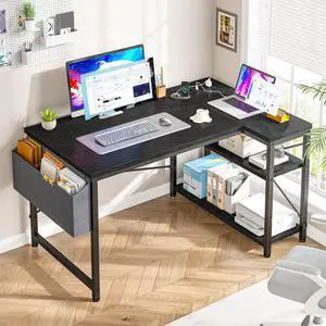 39.4" L Shaped Desk with Power Outlet Computer Desk with Storage Shelves Black