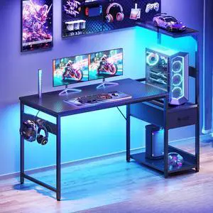 48 inch Gaming Desk with Storage & LED Lights, Reversible Computer Desk with Display Shelves & Fabric Drawer, Modern Gamer Desk Table with Side Headphone Hook, Carbon Fiber Black