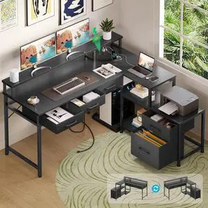 L Shaped Gaming Desk with File Drawer & Power Outlet, 53" Reversible Home Office Desk with Monitor Stand & Storage Drawers, Modern Corner Computer Desk with CPU Stand & Printer Storage Shelves, Black