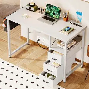 40 Inch Small Computer Desk with Fabric Drawers and Charging Station, Home Office Desk with Storage Shelf, White