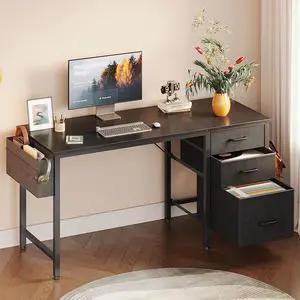 48 inch Computer Desk with 3 Fabric Drawers & Storage Bag, Home Office Desk with File Cabinet, Writing Desk for Work and Study, Black