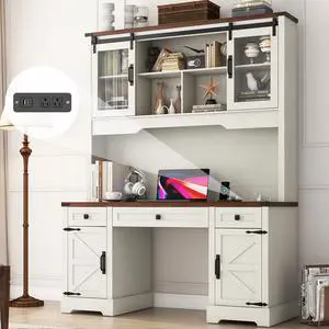 Farmhouse Computer Desk with Hutch, 58"W 76"H Large Office Desk Executive Desk w/ 3 Drawers and 4 Storage Cabinets, Wood Study Desk Workstation w/ Sliding Barn Doors & Power Charging Station for Home