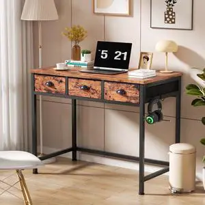 Computer Desk with Drawers & Hooks, 40" Writing Desk with 3 Fabric Drawers for Bedroom, Home Office, Rustic Brown