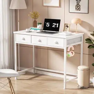 White Writing Desk with Drawers & Hooks, 40" Computer Desk with 3 Fabric Drawers for Bedroom, Home Office