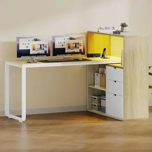 Dextrus L Shaped Desk with Power Outlets & LED Lights, Computer Desk with 3 Drawers and 3 Storage Shelves, White Office Desk Corner Desk for Home Office, White& Oak