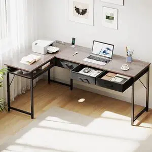 55 inch L Shaped Computer Desk with Drawers, Corner Desk with Power Outlets & Reversible Storage Shelves, Simple Computer Desk for Home Office Gaming, Oak Grey