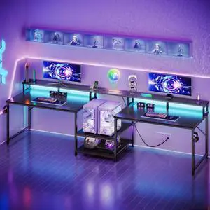 98" Computer Desk with USB Ports & Power Outlets, Large Gaming Desk with Display Stand & LED Strip, Storage Shelves for Home Office, Suitable for 2 People Use, Black
