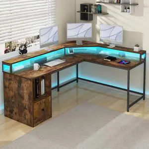 67 Inch L Shaped Desk with LED Light and Power Outlets, Computer Desk with Drawer, Office Desk, Rustic Brown