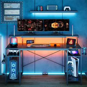 55" Gaming Desk with LED Light & Monitor Stand Computer Desk Corner Desk for Home Office, Black Carbon Fiber