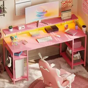 55" Pink Gaming Computer Desk with LED Light & Monitor Stand Corner Desk for Home Office, Pink Carbon Fiber