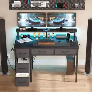 39" Gaming Computer Desk with LED Lights & Outlets,Home Office Table with Storage Drawer, Black